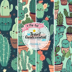 Cute Cactus Cartoon Digital Art SETC001 (Tileable)