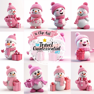 Cute Snowman Characters in Pink Outfits - Digital Art SETSNOW001